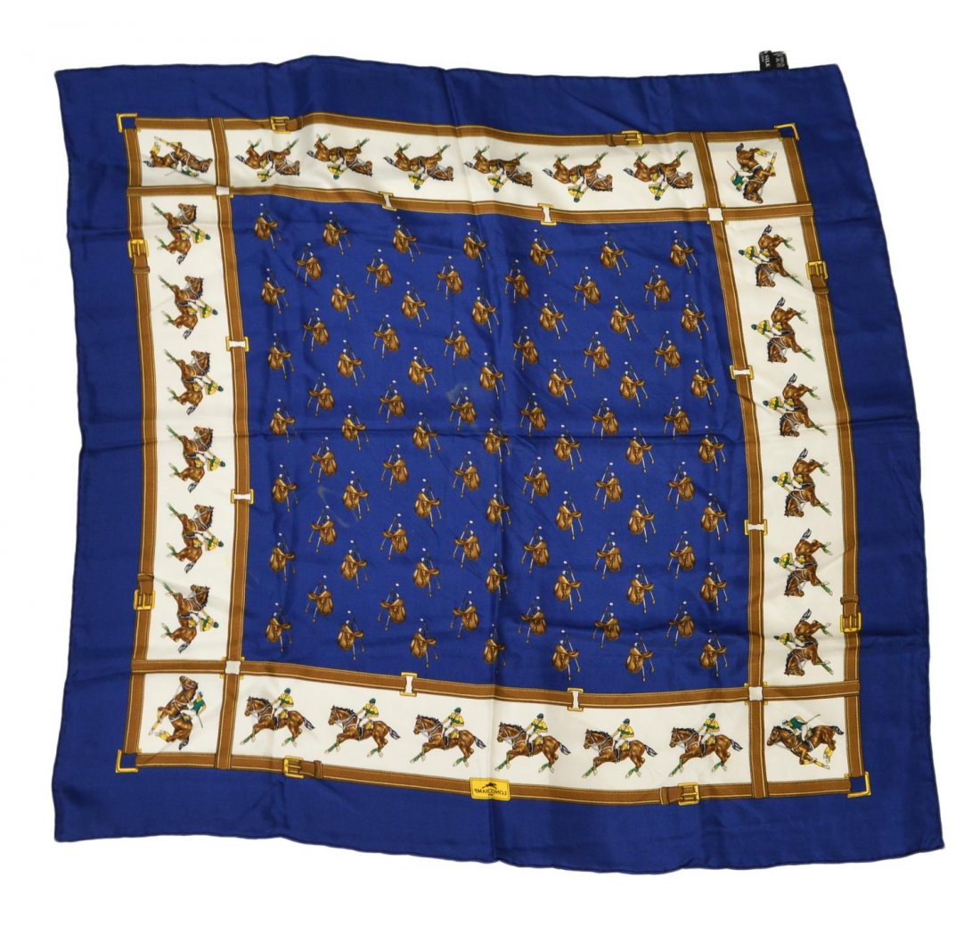 LONGCHAMP SILK EQUESTRIAN MOTIF NECK SCARF: Longchamp silk scarf depicting riding saddles, border of horse jockeys and blue, hand sewn edges, retaining tags, small stain, scarf: approx. 34"h, 34"w Start Price: $30.00