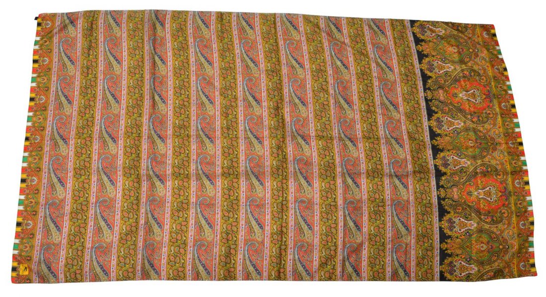 ETRO MULTI-COLOR STRIPED SILK SCARF: Etro large silk scarf with multicolor paisley stripe motif, hand sewn edges, retaining tag, scarf: approx. 42"h, 74"w Start Price: $40.00