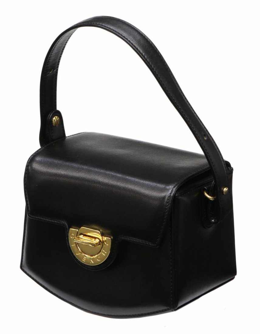VINTAGE GIVENCHY BLACK LEATHER BOX FORM HANDBAG: Vintage Givenchy box form handbag in black leather with gold tone hardware, small slot pocket, bag: approx 5"h, 6.25"l, 4"d, .5lb Start Price: $100.00