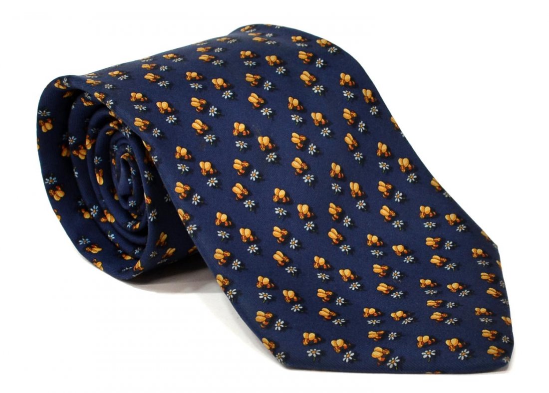 FERRAGAMO BLUE SILK BUMBLEBEE & FLORAL TIE: Salvatore Ferragamo blue silk tie, bumblebee and floral print, hand sewn, tie: approx. 62.5"l Start Price: $20.00