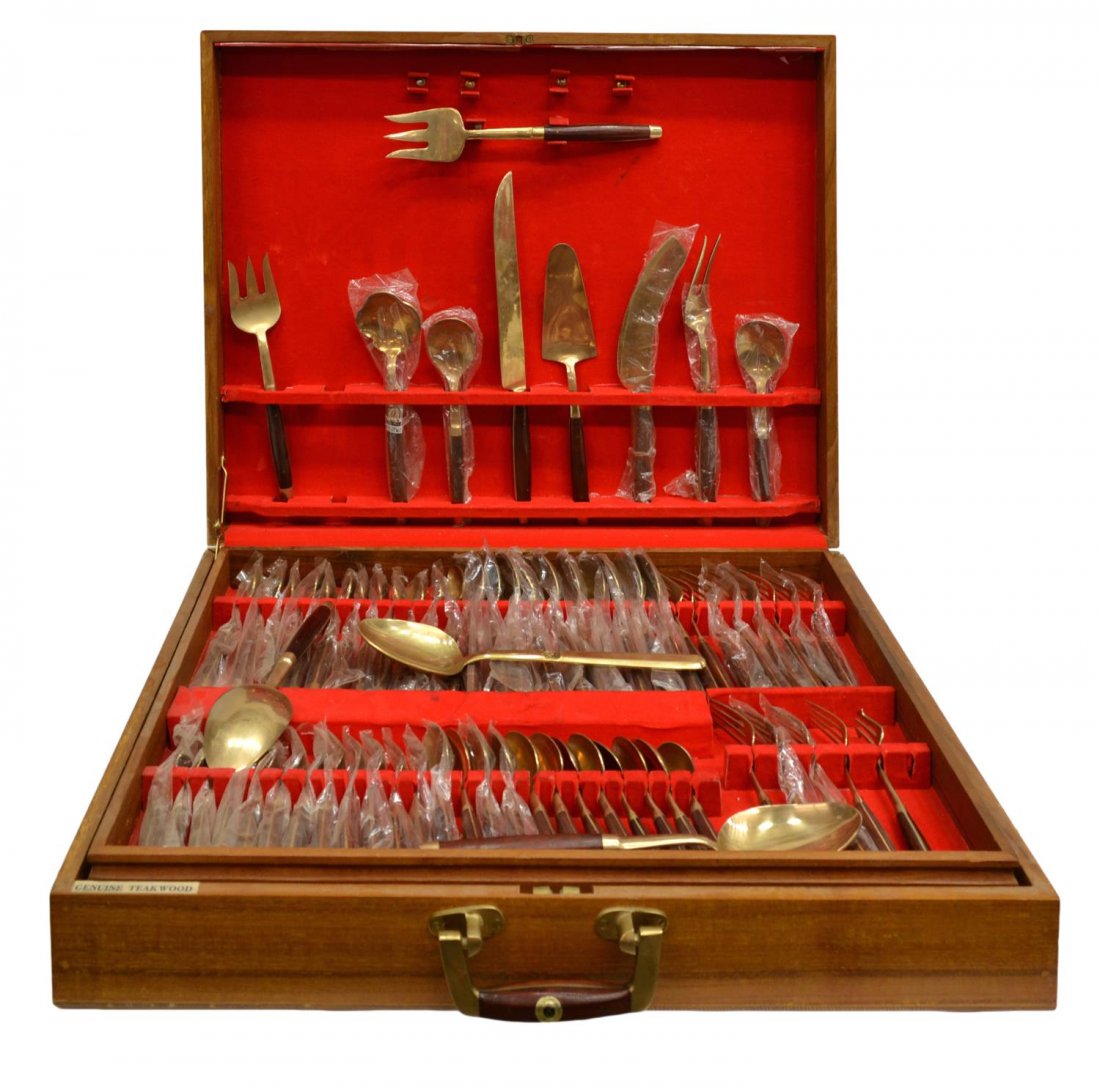 (142) VINTAGE THAI BRONZED NICKEL FLATWARE SERVICE: (set of 142) Extensive vintage Thai bronzed nickel flatware service, one slot lacking piece, accompanied by (1) large service soon of varied design and maker, all presented in a teakwood box with remo