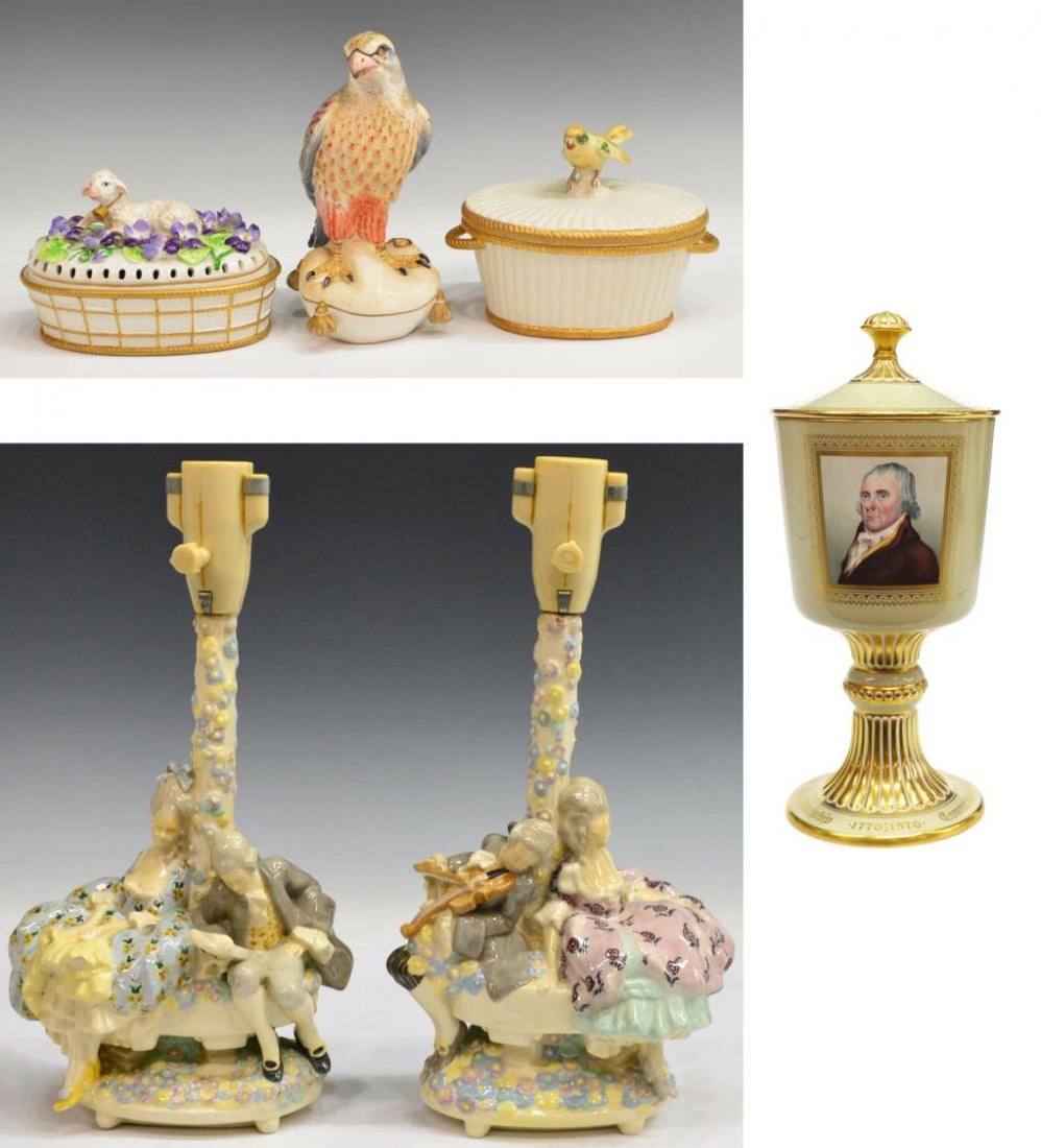 (6) MOTTAHEDEH, SPODE & AUSTRIAN PORCELAIN GROUP: (lot of 6) Italian Mottahedeh design porcelains: (1) hawk / falcon figure, standing upon a pillow, 8"h, 3.5"w, 5"d; (1) covered dish of oval form, a recumbent lamb centering the lid applied with leafy