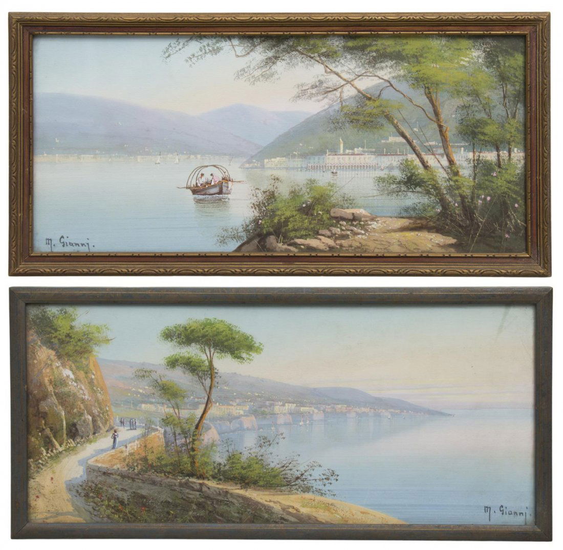 (2) GIANNI ITALIAN WATERCOLOR PAINTINGS: (lot of 2) Framed watercolor paintings, Italian Water Landscapes, each signed M. Gianni (Maria or Michelle Gianni, Italian, 19th/20th c.), largest sight: 7"h, 16"w, overall: 8.75"h, 17.5"w, 3lbs Start