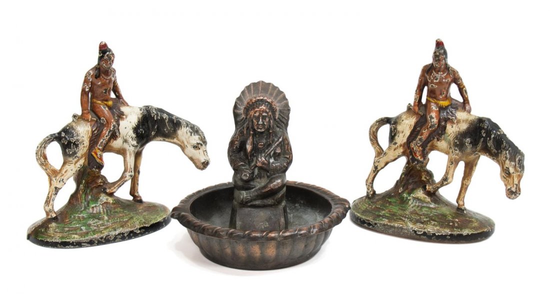 (3) CAST IRON INDIAN ON PONY & INDIAN ASH TRAY: (lot of 3) American Indian figures: (2) cast iron polychrome Indians on ponies, 5.75"h, 5.75"w, 2.25"d; (1) Indian chief holding peace pipe copper ash tray, 5"h, 5.25" diameter, total: 7.25lbs Start P