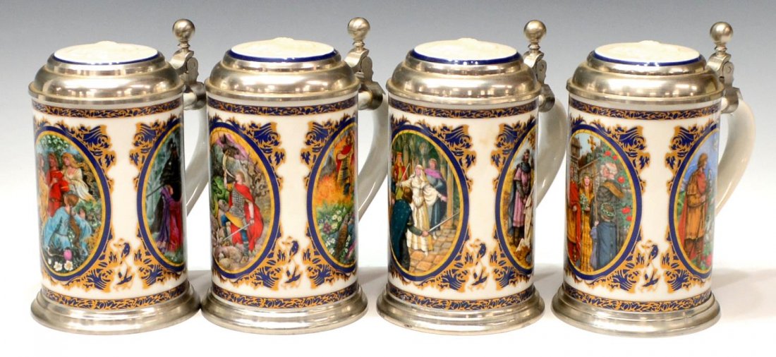 (4)GERMAN HEINRICH PORCELAIN RICHARD WAGNER STEINS: (set of 4) Heinrich porcelain Richard Wagner steins, Germany, limited edition of 10,000, varied polychrome figural scenes, comprising: (1) 'Siegfried'; (1) 'Tannhauser'; (1) 'Lohengrin'; (1) 'Parsifal