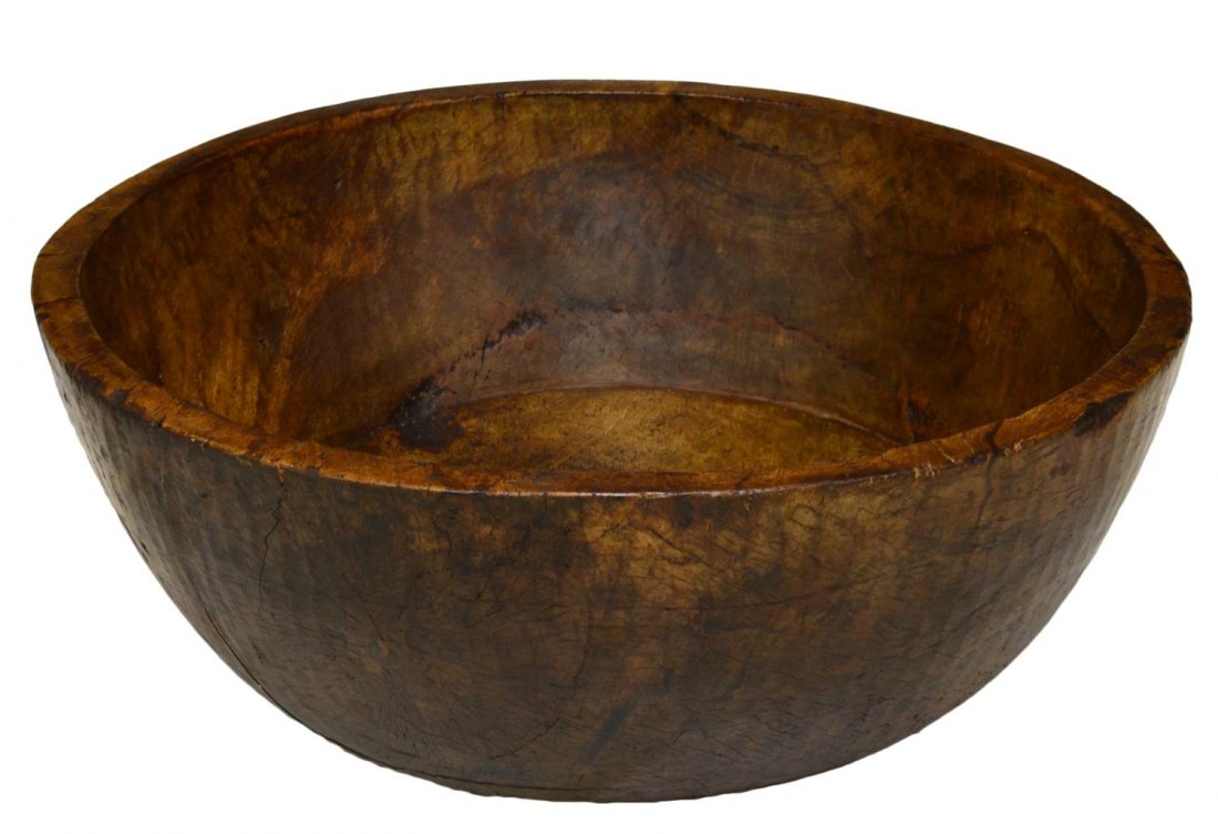 LARGE ANTIQUE HAND CARVED WOOD BOWL, SPAIN: Large antique hand carved wood bowl, Spain, appearing to be carved from a single slab, approx 12"h, 34"diam Start Price: $200.00