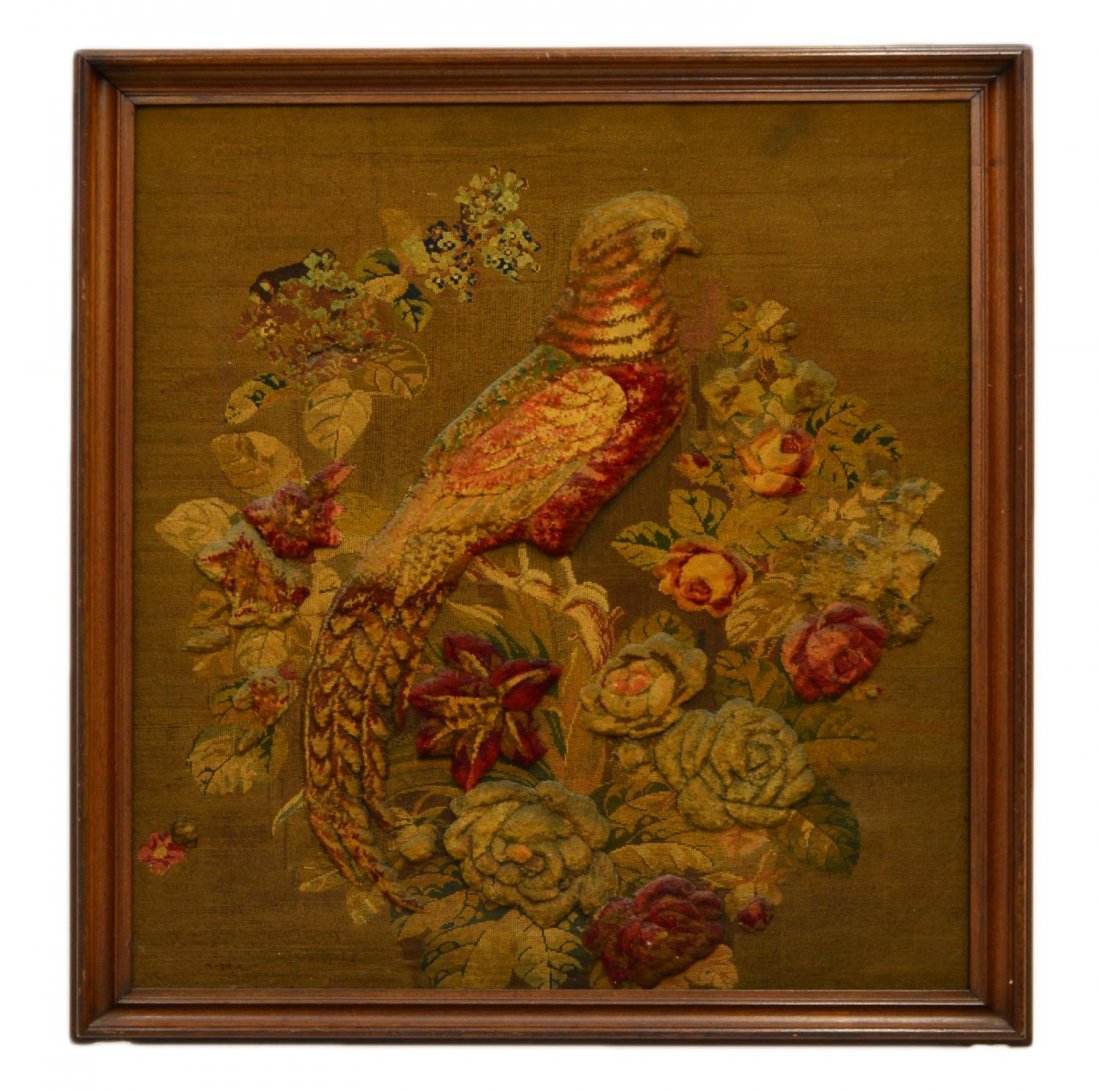 VICTORIAN RAISED TAPESTRY BIRD WALL HANGING SCREEN: Victorian fireplace screen, converted to wall hanging, intricate tapestry and raised design of a bird sitting amongst roses and foliage, some discoloration and loss to thread, 42.5"h, 36.5"w, 17.75lbs