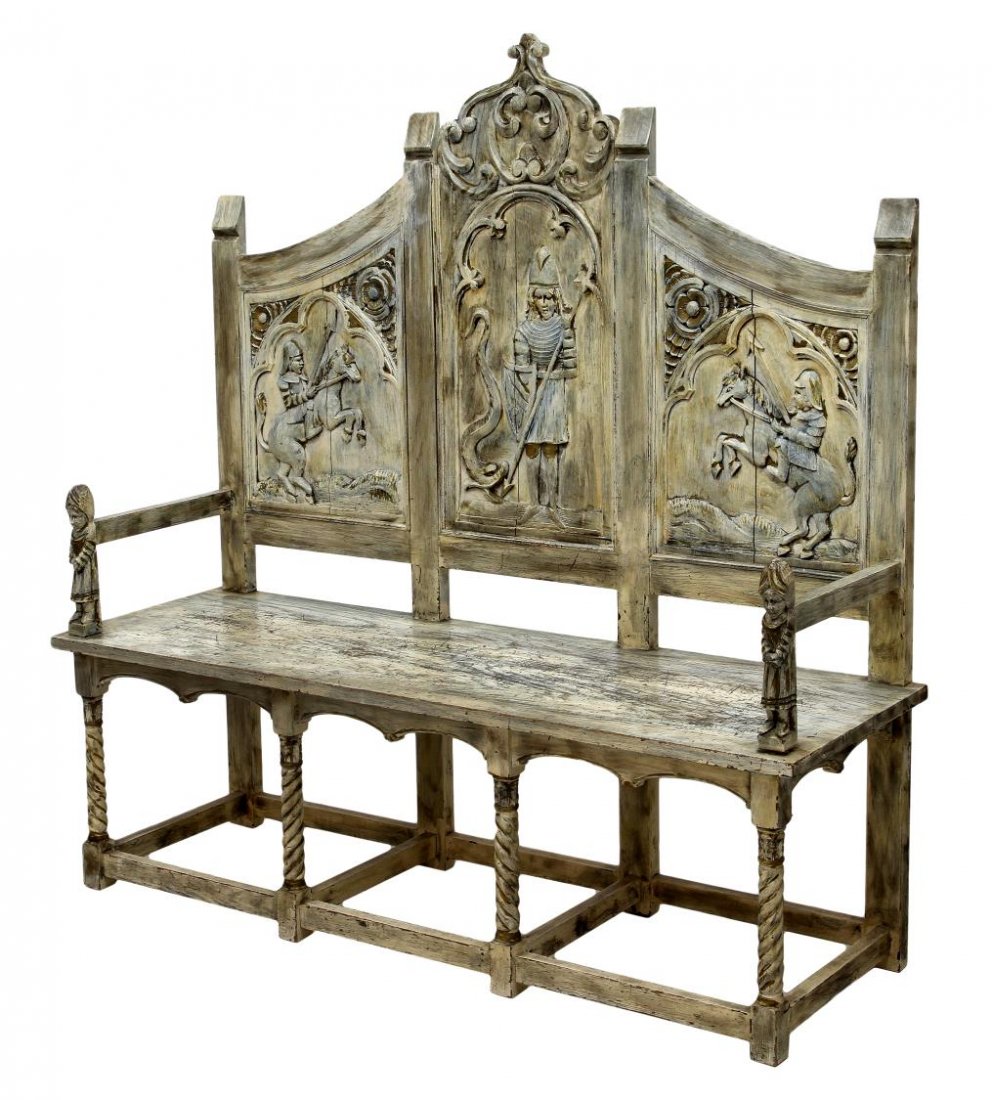 CARVED HIGHBACK BENCH, ST. GEORGE & DRAGON CARVING: Carved highback bench, a shaped with foliate cornice over a central panel with a relief carved depiction of St. George slaying the dragon, flanking panels with a knight on horseback, squared arms with