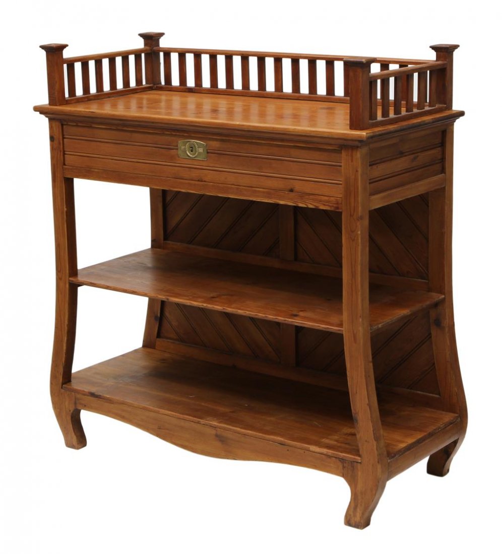 GALLERIED ART NOUVEAU PINE SERVER , SPAIN: Art Nouveau pine hall table, Spain, a partial gallery on the rectangular top, over a single drawer, paneled back joined to front supports by stretchers, approx 37.75"h, 40.75"w, 18"d Start Price: $200