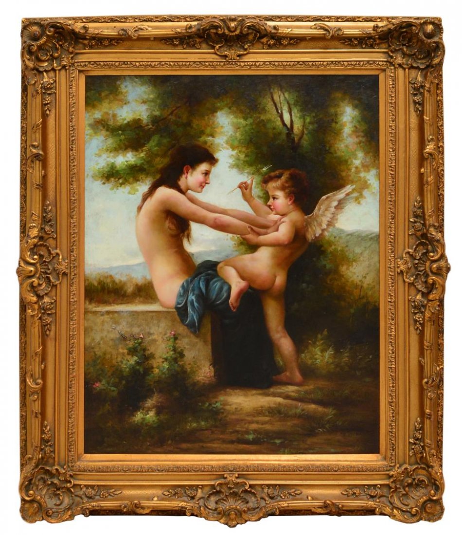 AFTER BOUGUEREAU, YOUNG GIRL & CUPID, PAINTING: Large framed oil painting on canvas, 'A Young Girl Defending Herself against Eros', after Adolphe William Bouguereau (French, 1825-1905), signed R. Bolsch, sight: 47.5"h, 35.5"w, overall: 62"h, 51"w, 