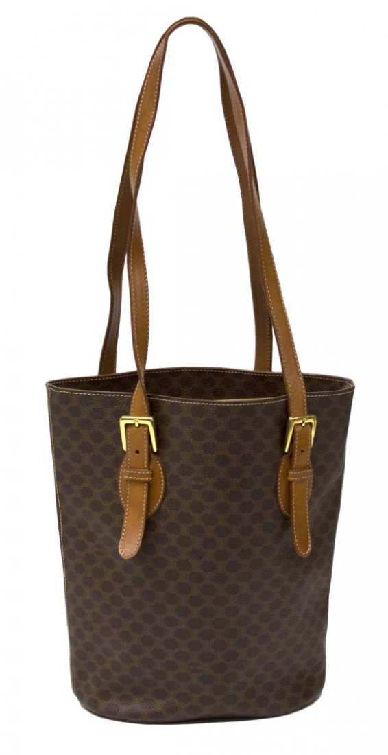 CELINE BROWN MONOGRAM CANVAS & LEATHER HANDBAG: Celine handbag brown macadam monogrammed canvas, leather straps with gold tone hardware, brown interior with single zipper pocket dividing two compartments, marks to the interior, bag: approx 11"h, 11