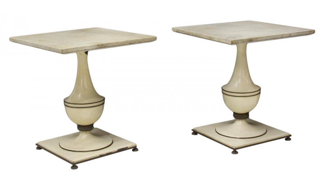 MODERN PARCHMENT TOP SIDE TABLES: (lot of 2) Parchment top side tables, 20th c., the square top raised on a painted steel vasiform pedestal set on a square base over a slightly larger brass base with circular pad feet, one with paint 