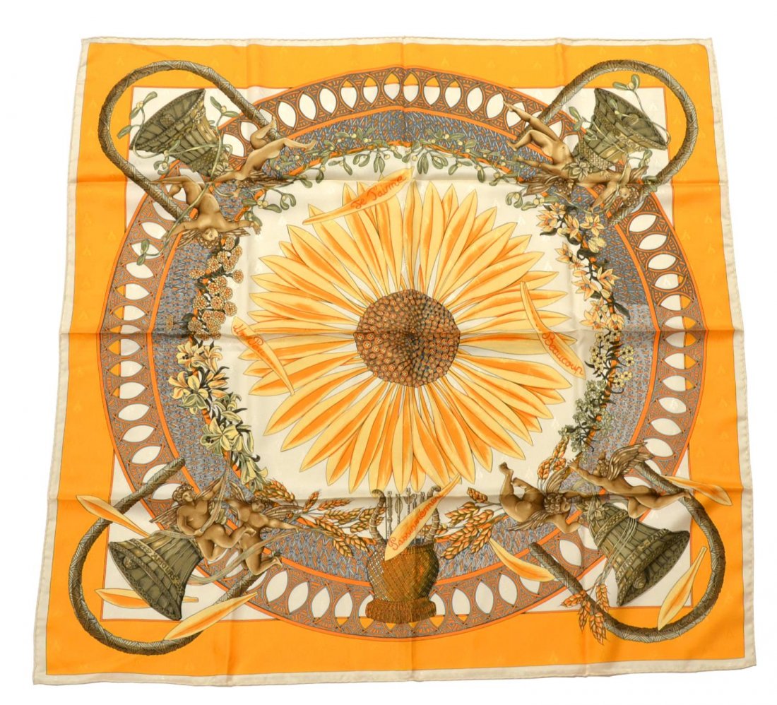 HERMES AMOURS SILK SCARF, ANNIE FAIVRE, C. 1999: Hermes 'Amours' silk scarf by Annie Faivre, 1999, depicting a large central daisy, petals reading "Je T'aime, Un Peu, Beaucoup, and Passinement", foliage, and cherubs with bells in each corner, yellow