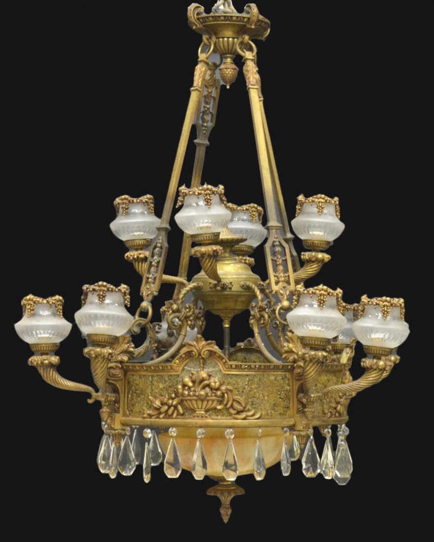 FINE SPAIN ALABASTER, PRISM & GILT METAL CHANDLIER: Spanish crystal prism, gilt metal and alabaster tiered chandelier, central standard issuing three lights and alabaster cover, round frame on lower tier with fruit baskets in relief and faux granite ba