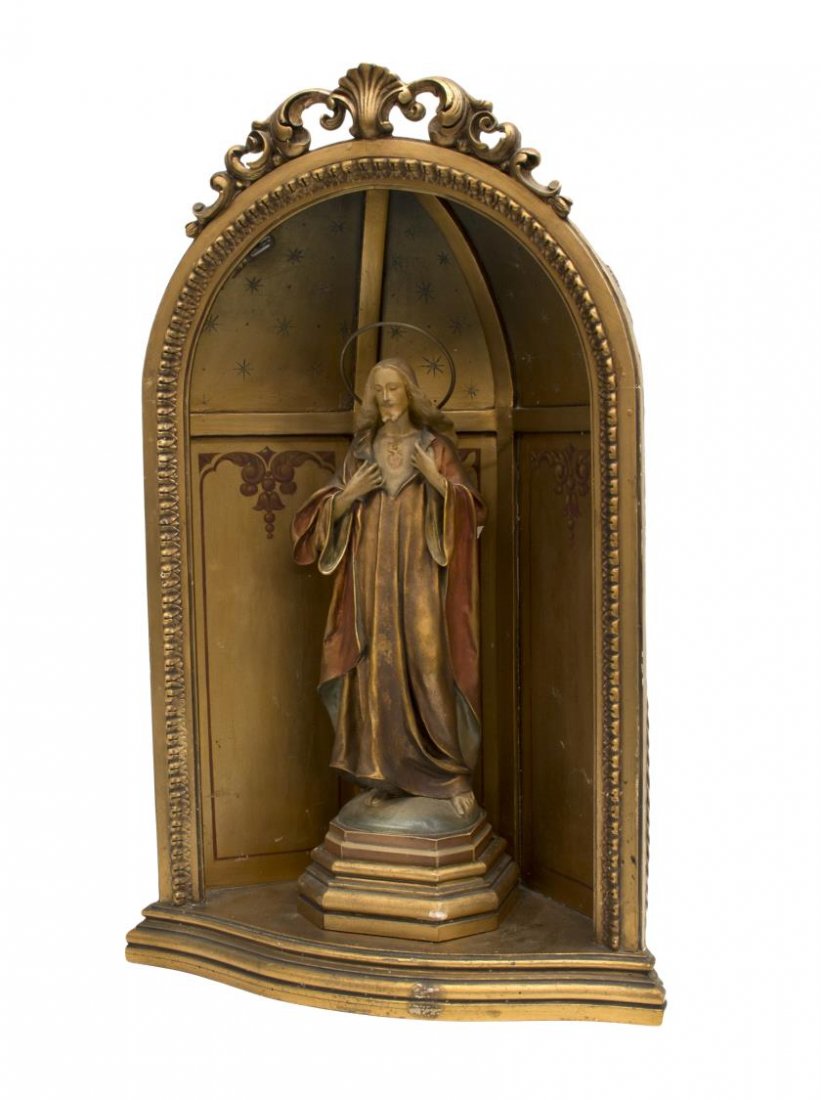 VINTAGE SPAIN RELIGIOUS FIGURE & DOMED NICHE: Religious figure and decorative niche, Spain, the niche surmounted by shell and scrolling detail, hand painted stars and ornamentation on the interior, previously wired for lighting, central wood base