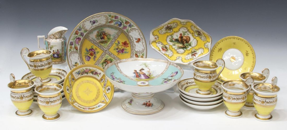 (28) OLD PARIS LION CUPS & PORCELAIN TABLEWARE: (lot of 28) Collection of assorted porcelain tableware, assorted makers, styles and marks, including (7) cups with (10) saucers, Old Paris porcelain with lion masque set in handles, parcel gilt decor 