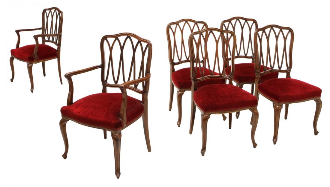 (6) SPANISH MAHOGANY DINING CHAIRS: (lot of 6) Spanish mahogany dining chairs, Barcelona, 20th c., a shaped crest rail over the back formed in intertwined vertical loops, a red fabric seat, raised on cabriole legs with pad feet: (2) arm