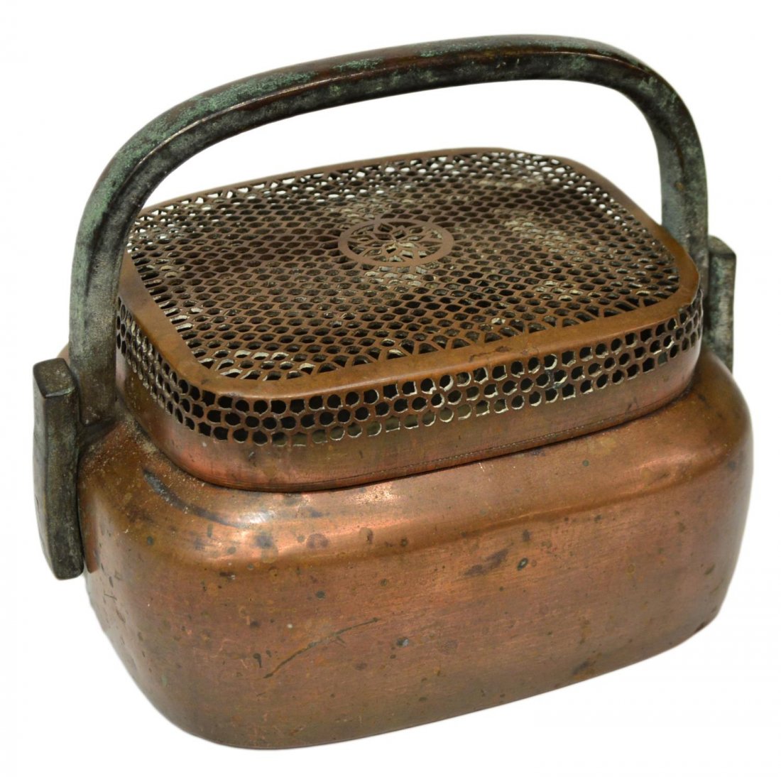 CHINESE PATINATED COPPER & IRON CRICKET BOX: Antique Chinese patinated copper cricket box with iron handle, screen lid with central flower design, partial seal left underfoot as pictured, 4"h, 8"w, 2.5lbs Start Price: $80.00
