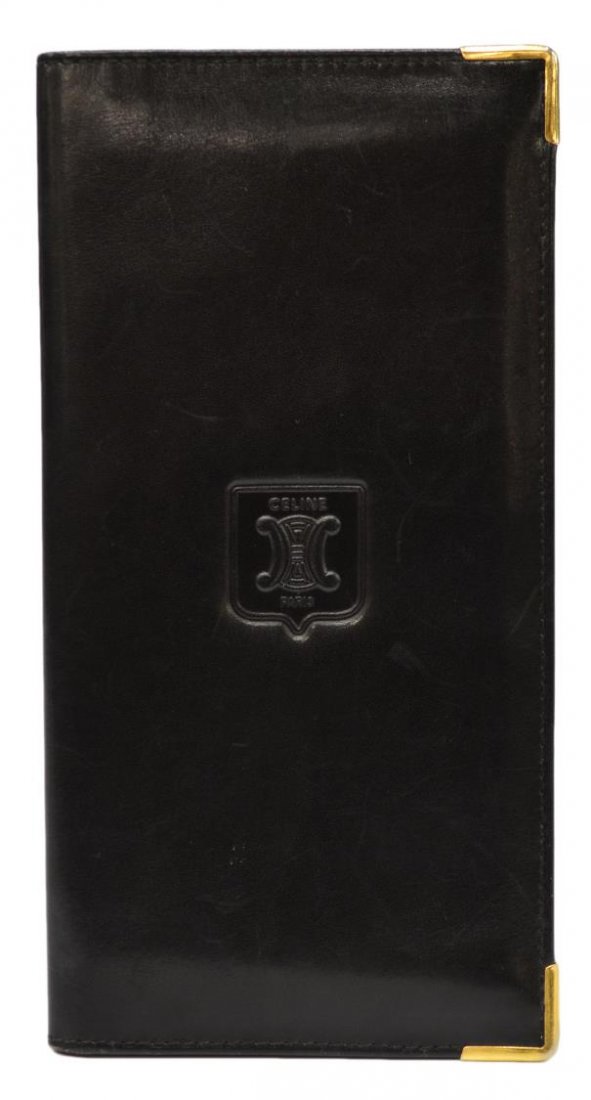CELINE BLACK LEATHER WALLET / BILL FOLD: Celine black leather wallet/bill fold with gold tone hardware, interior card holders and bill compartments, slight surface wear, wallet: approx. 3.5"h, 7"w Start Price: $100.00