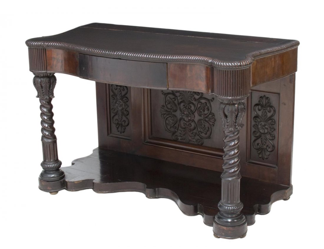 ANTIQUE SPANISH MAHOGANY CONSOLE TABLE: Antique mahogany console table, Northern Spain, 19th c., the shaped top with a carved edge, a single frieze drawer with secret compartment, twist columnar legs joined by a conforming lower shelf with 