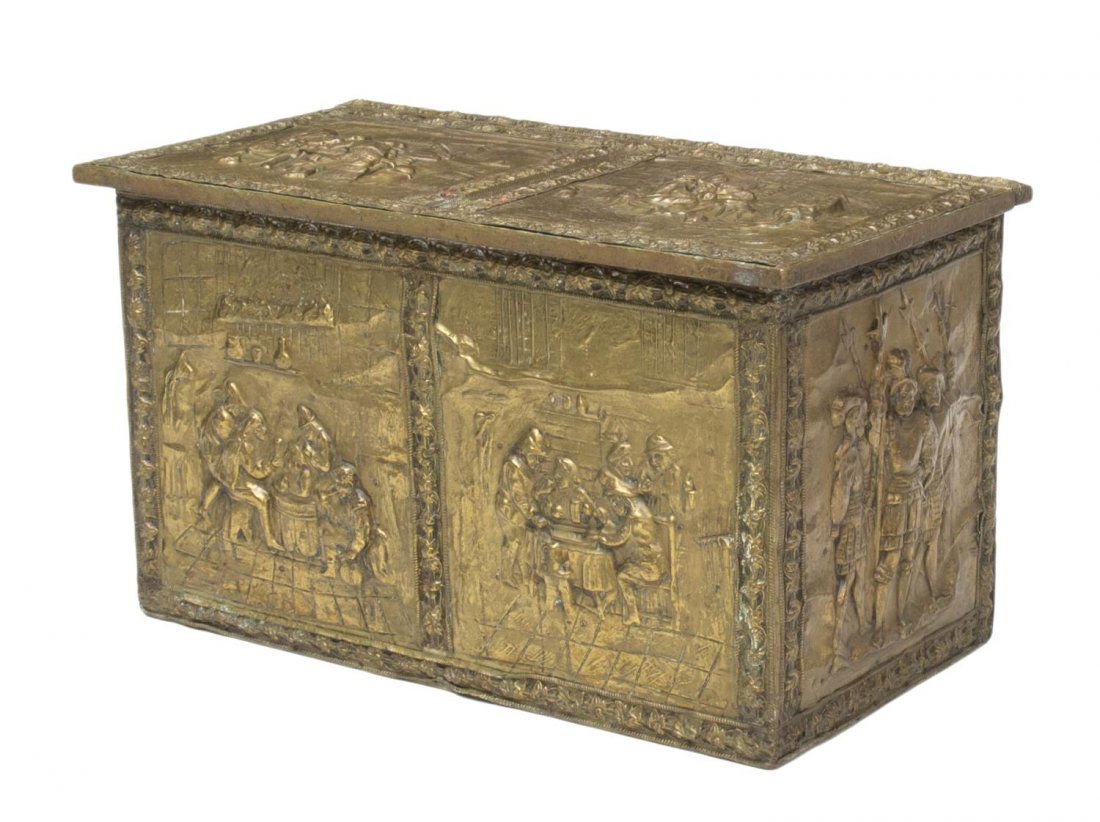 LARGE REPOUSSE BRASS LOG / KINDLING BOX: Large brass overlay fireplace kindling box, repousse metal work of tavern scenes, conquistadors on each end, within foliate borders, three hinges on top, some loss to metal, patina and wear, 18.25"h,