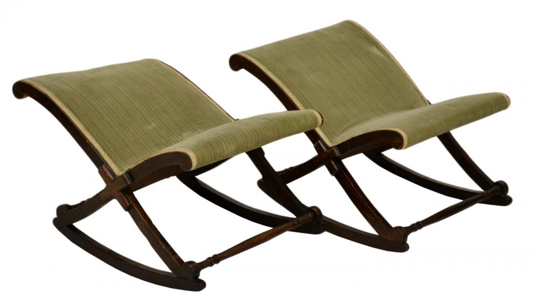 (2) SPANISH UPHOLSTERED FOOTSTOOLS: (pair) Spanish upholstered footstools, each on a rocker base, wear, fading to upholstery, approx 13.5"h, 20.5"l, 14.75"w Start Price: $80.00