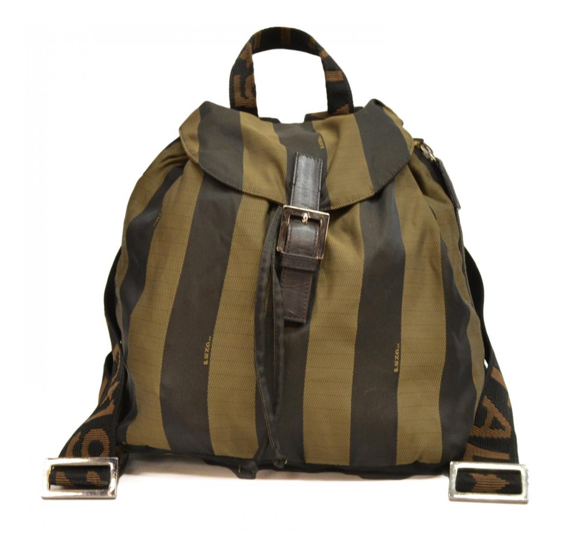 FENDI STRIPED CANVAS BACKPACK: Fendi back pack in striped canvas with black canvas shoulder straps, drawstring closure, lacking lining, accompanied by attached zipper pouch, bag: approx 10.5"h, 9.25"w, 5.25"d, .25lbs Start Price: $
