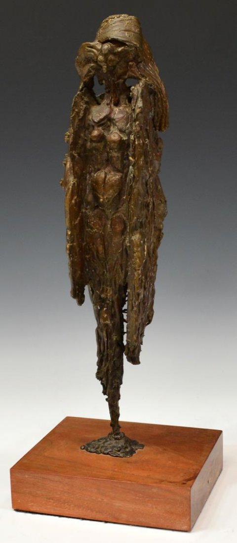 BRONZE SCULPTURE, MANNER OF STEPHEN DE STAEBLER: Bronze sculpture on wood base, Winged Figure with Breasts, not signed, in the manner of Stephen De Staebler (American, 1933-2011), bronze: 16.25"h, 3.25"w, 7"d, overall: 18"h, 7"w, 7.5"d, total: 15.5l