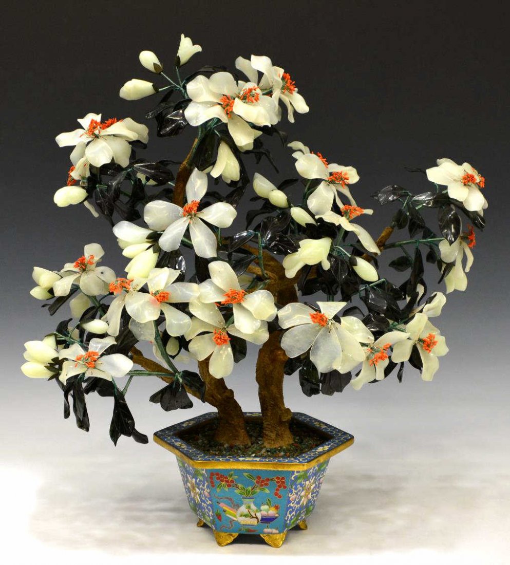 LARGE CHINESE FLOWERING HARDSTONE TREE CLOISONNE: Chinese hardstone tree, various flowering branches, including jade leaves, set in a footed cloisonne enamel pot having flowers and scholar table items front and verso, on each side floral motif, minor