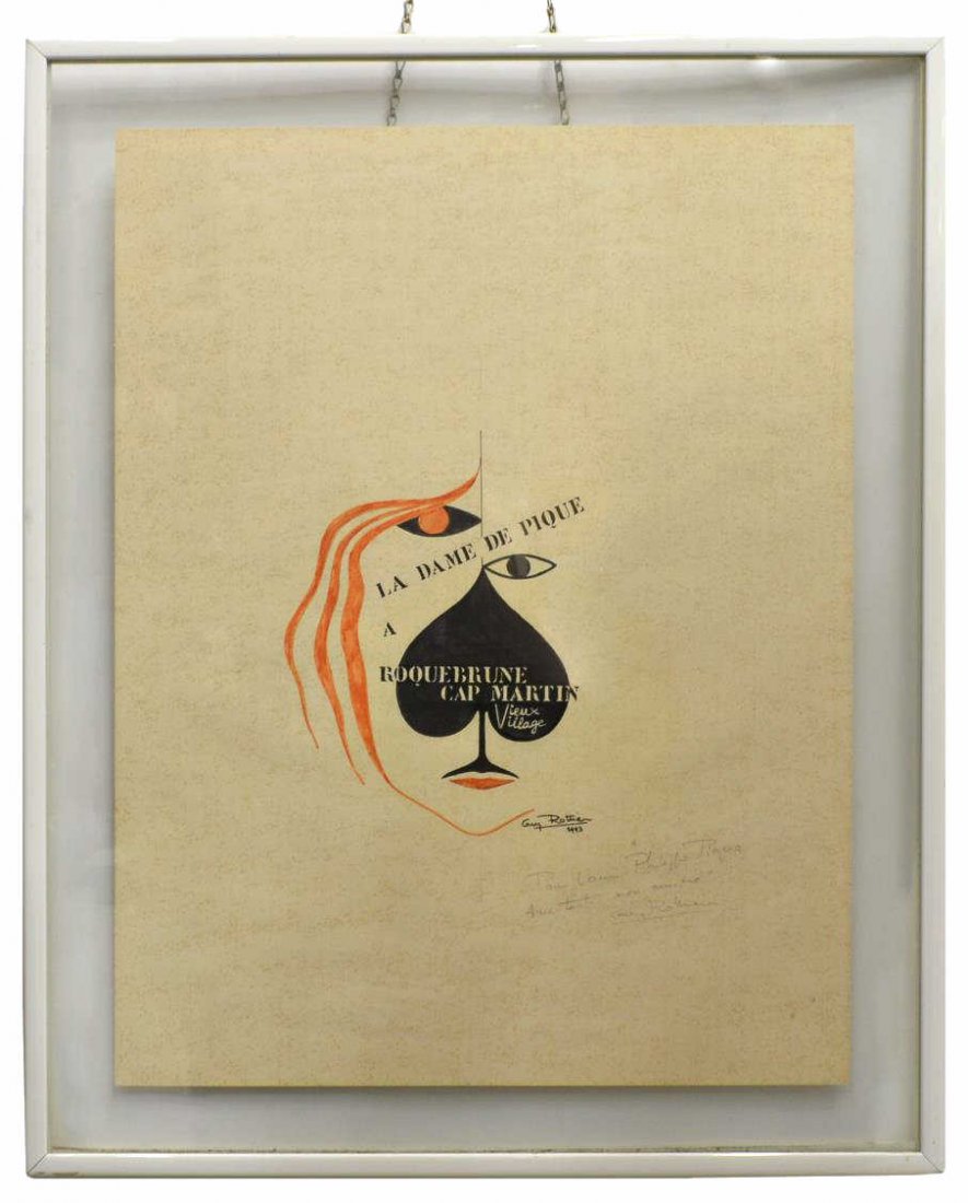 GUY ROTTIER PAINTING, LA DAME DE PIQUE, SIGNED: Framed modern watercolor and ink painting, 'La Dame de Pique', 1993, signed Guy Rottier (Indonesia, 1922), with note written in pencil in lower right corner, sight: 25.5"h, 19.5"w, overall: 30.5"h, 24