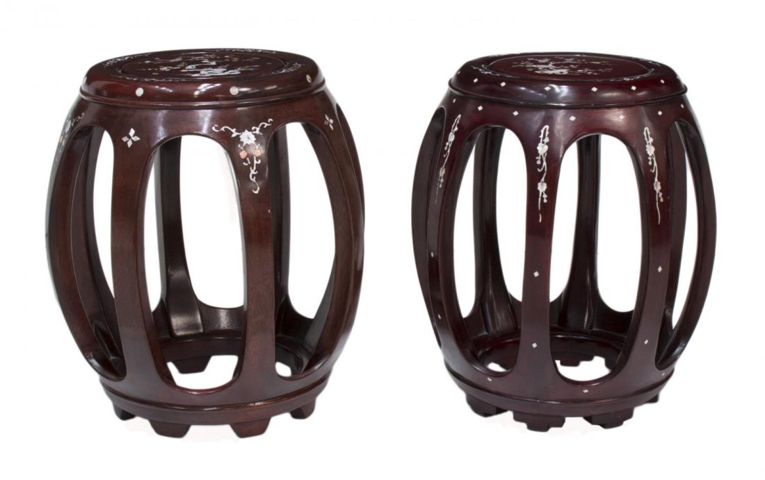 (2) CHINESE ROSEWOOD MOTHER-OF-PEARL INLAID STOOLS: (pair) Chinese rosewood garden stools inlaid with mother-of-pearl, approx 17.5"h, 14"w Start Price: $80.00