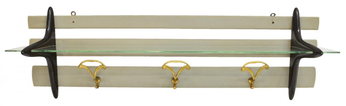 ITALIAN MID-CENTURY MODERN HANGING COAT RACK: Italian mid-century modern hanging coat rack, c. 1960, a glass shelf over three upholstered slats, mounted with gilt metal hooks, upholstery with two holes, approx 46"h, 13.25"w, 10.75"d Start Price: 