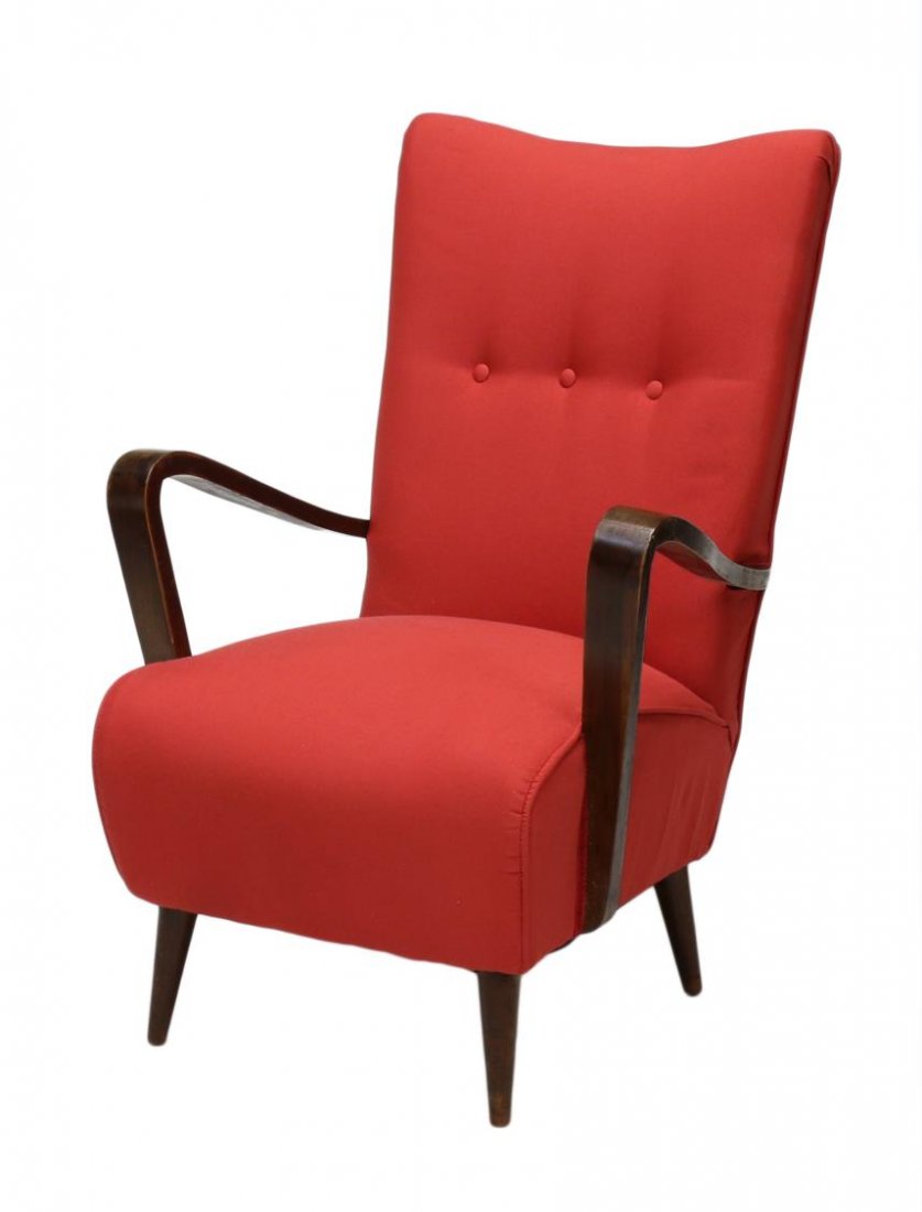 ITALIAN ART DECO UPHOLSTERED ARM CHAIR, C. 1930'S: Italian Art Deco upholstered low chair, c. 1930's, later red upholstery having shaped back with three buttons, curved arm supports join the seat, raised on tapered supports of cylindrical form, approx