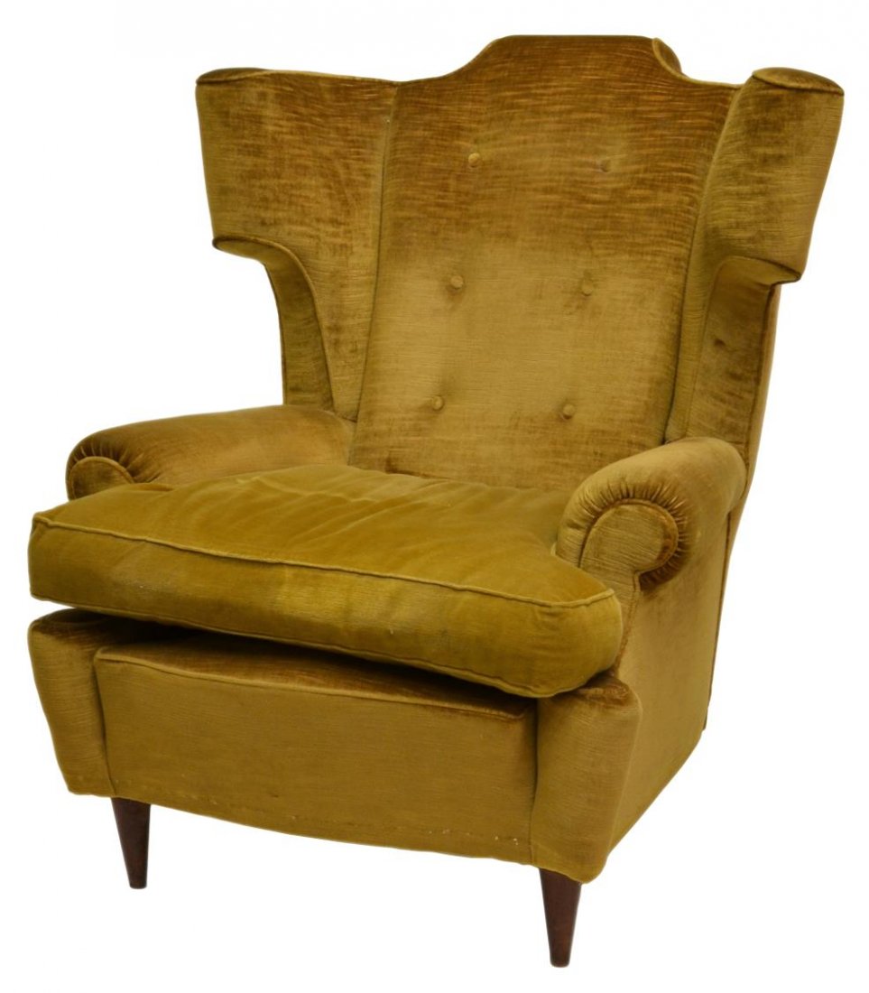 ITALIAN MID-CENTURY MODERN ARM CHAIR, ZAVANELLA: Italian mid-century modern upholstered arm chair, designed by Zavanella (architect), c. 1950, rolled wings and arms, center the tall buttoned back, loose cushion seat, raised on tapered angular legs,