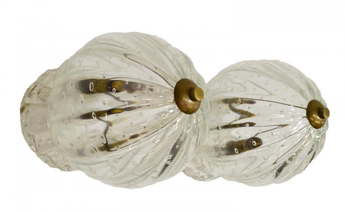 (2)ITALIAN MID-CENTURY MODERN MURANO GLASS SCONCES: (pair) Italian mid-century modern Murano art glass sconces, c. 1960, of ribbed bulbous form, clear with controlled bubble design, in need of wiring, 6.5"h, 4.25lbs Start Price: $150.00