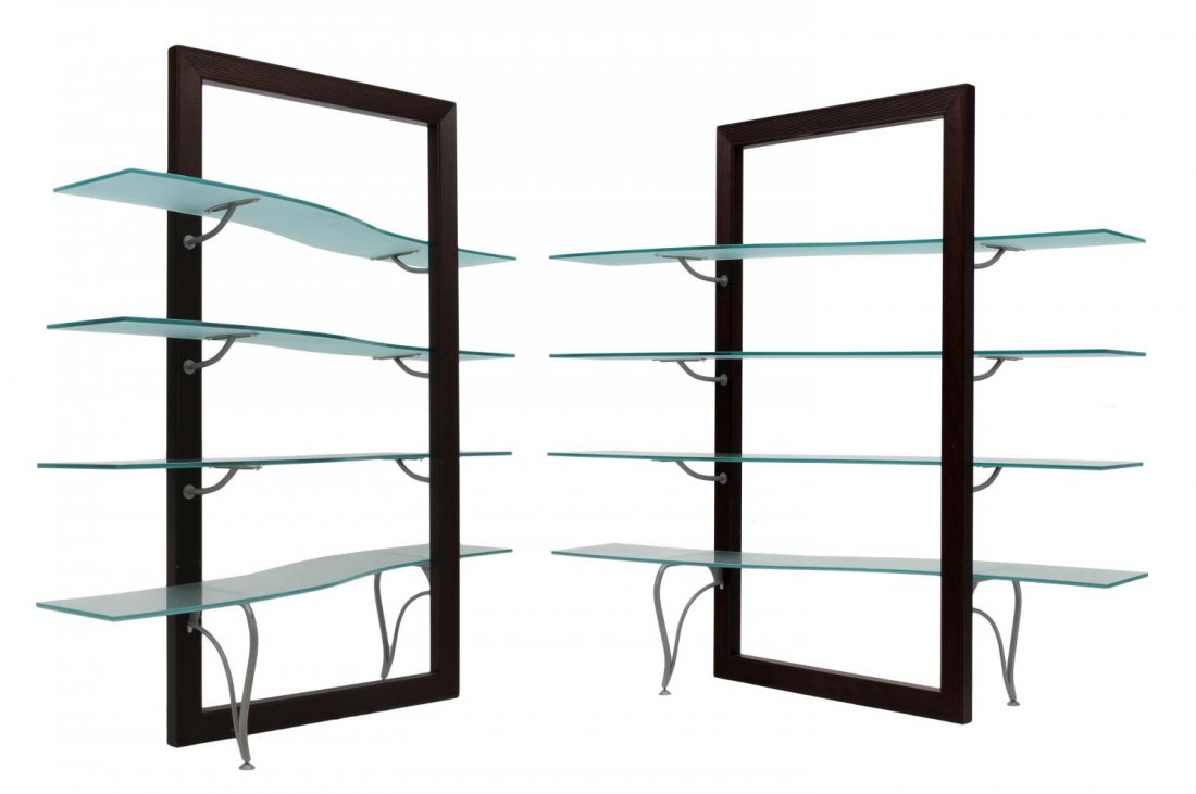 (PAIR) FRENCH MODERN SHAPED GLASS DISPLAY SHELVES: (pair) French modern display shelves, c. 1970, a wood open picture frame design with shaped frosted glass shelves flowing to each side from the front through the back and resting on shaped brushed ste
