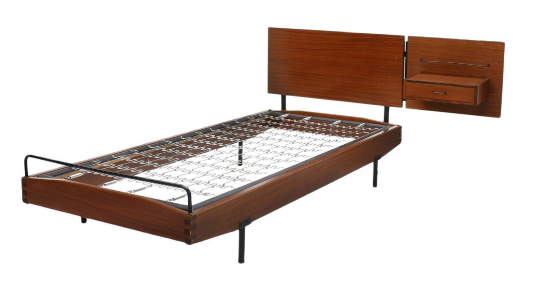 ITALIAN MID-CENTURY MODERN TEAKWOOD BED: Italian mid-century modern teakwood bed, c. 1960, having attached single drawer side table with black enamel iron supports, accompanied by mattress springs, headboard: 32"h, closed 36.5" w, opened 58"