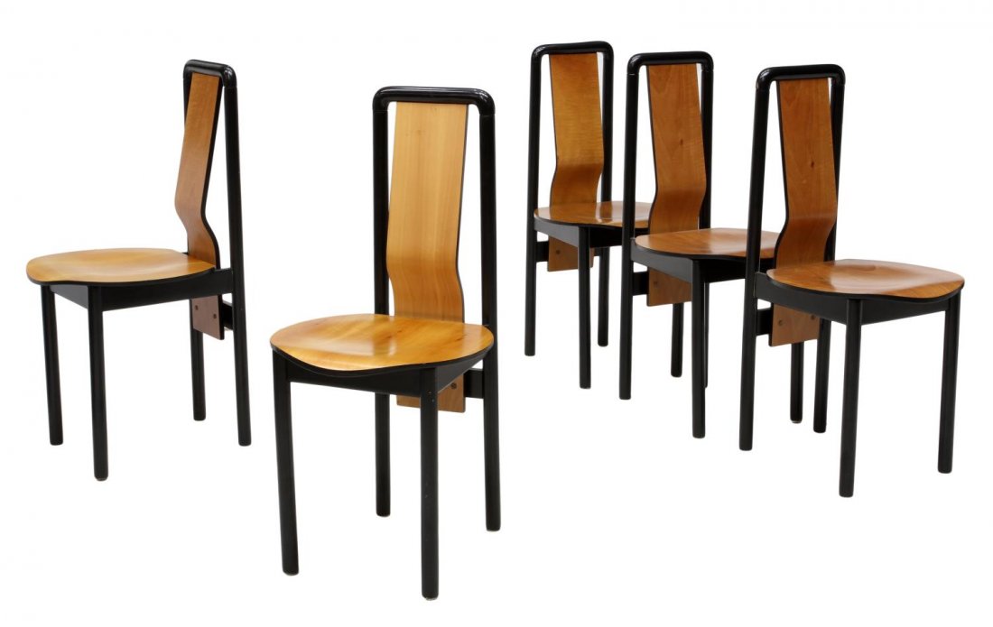 (5) PIERRE CARDIN MODERN CHAIRS: (lot of 5) Modernist chairs, c. 1970, design by Pierre Cardin (Italy, France, b. 1922), each with an ebonized turned frame, contrasting natural wood bentwood back with Pierre Cardin signature, over th