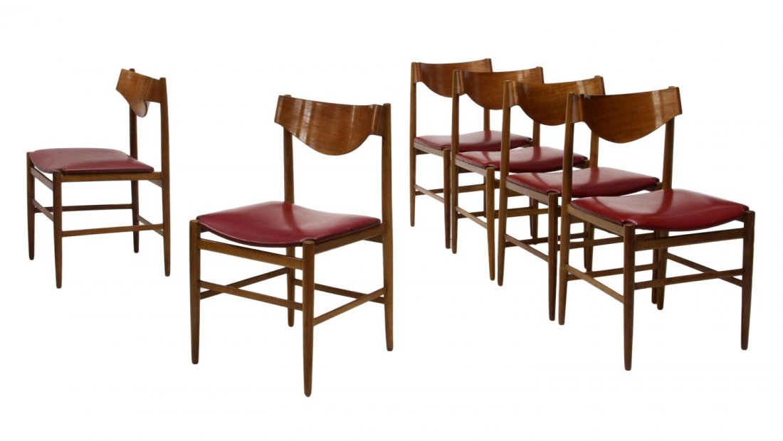 (6) ITALIAN MID-CENTURY CHAIRS, FRATTINI DESIGN: (lot of 6) Italian mid-century modern chairs, c. 1960, design by Gianfranco Frattini (Italian, 1926- 2004), a serpentine back rail over the shaped seat rising on the stretcher joined tapered turned le