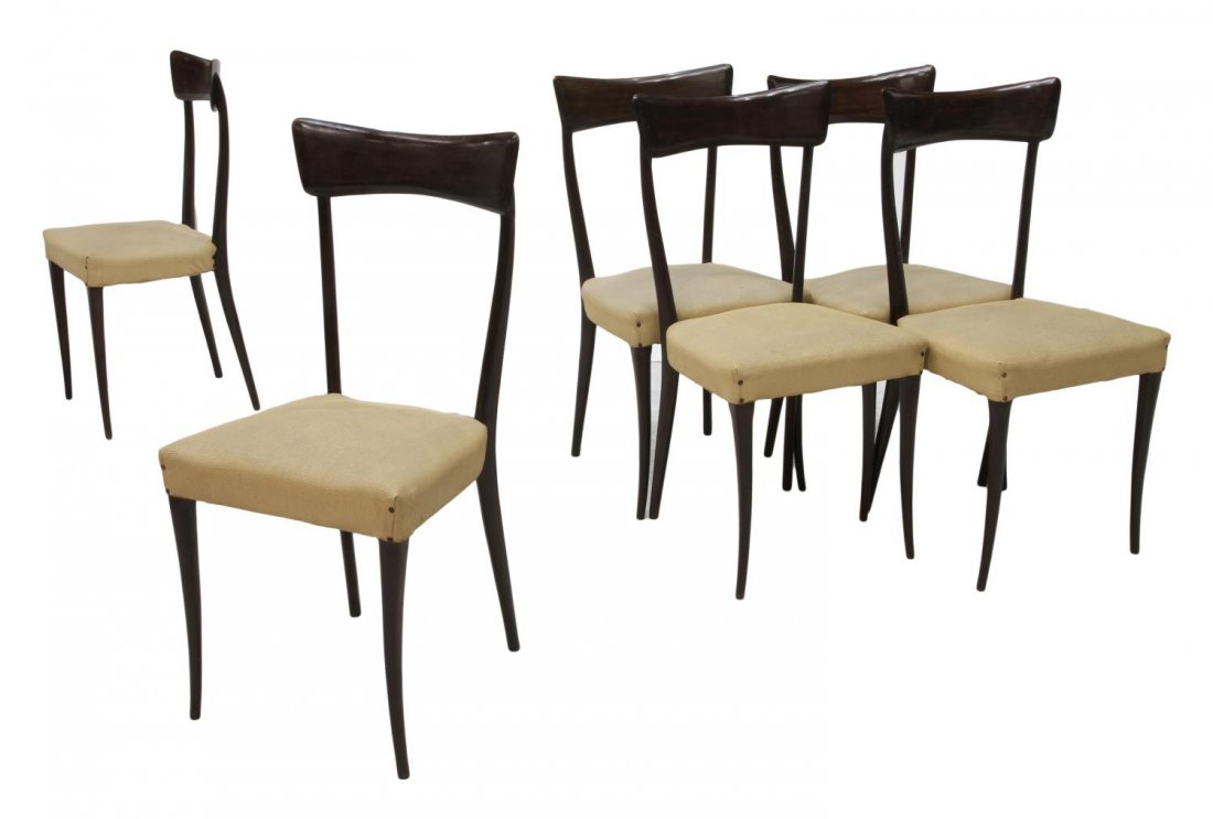 (6) ITALIAN MID-CENTURY MODERN CHAIRS: (lot of 6) Italian mid-century modern side chairs, design in the manner of Ico Parisi (Italian, 1906-1996), a shaped back rail over vinyl fabric seats, rising on slightly out turned tapered legs, 36.2