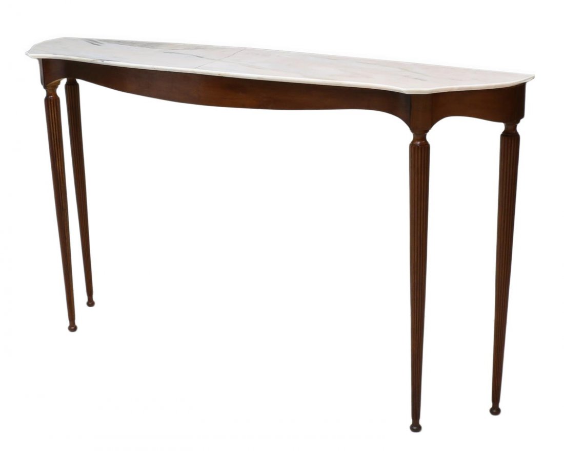 ITALIAN MID-CENTURY CONSOLE TABLE, PAOLO BUFFA: Italian mid-century console table, design by Paolo Buffa (Italian, 1903-1970), c, 1940's/50's, the shaped marble top over conforming skirt, rising on tapered fluted legs on small bun feet, approx. 35.
