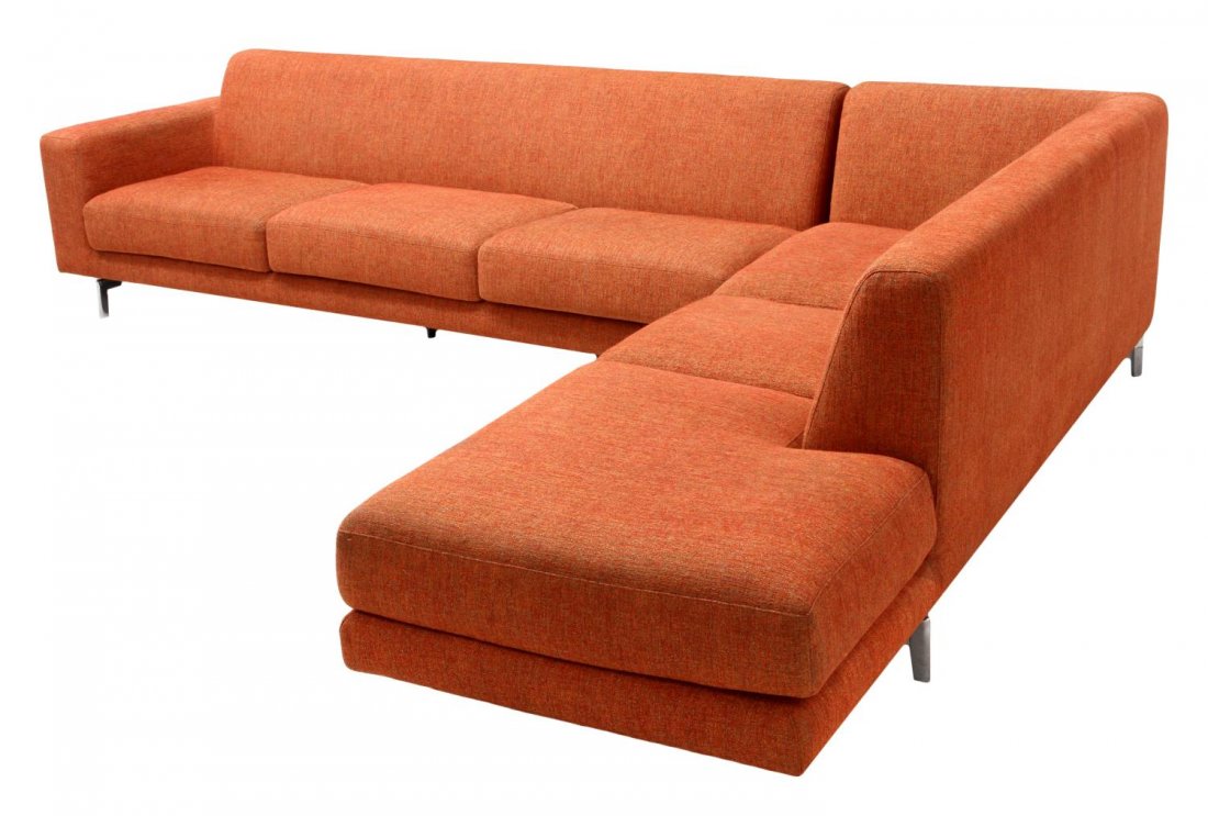DELLAROBIA MODERN SECTIONAL SOFA ON CHROMED LEGS: (set of 2) DellaRobia modern design sectional sofa, two sections with loose cushions on seat and back, orange upholstery, rising on chromed steel legs, (1) approx 31.5"h, 97.5"l, 33"w, (1) approx 31.5