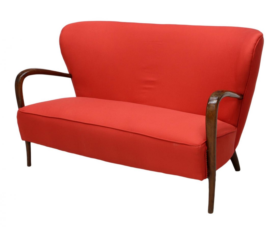 ITALIAN DESIGN MID-CENTURY MODERN SOFA: Italian mid-century modern sofa, design by Architetto Margetti, Milano, c. 1960's, later upholstery on the gently curved back, joined to wood arms, approx 29.75"h, 50"w, 21"d Start Price: $400.00