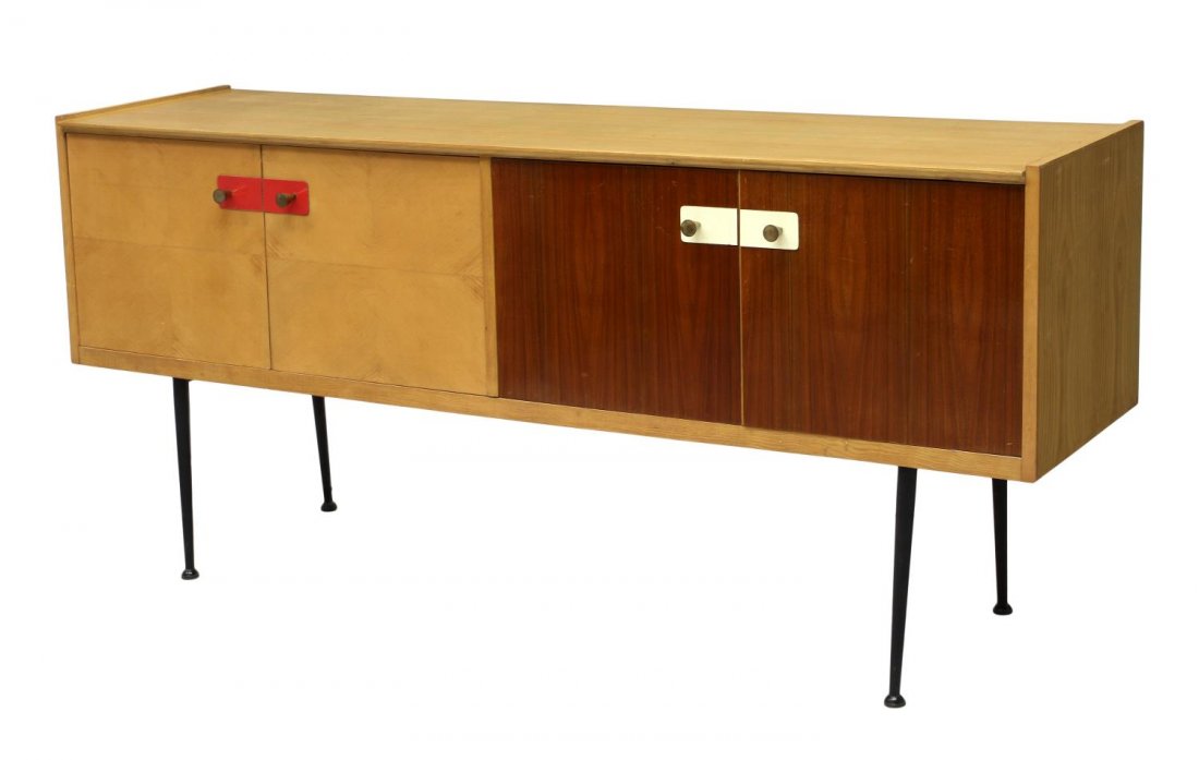 ITALIAN MID-CENTURY SIDEBOARD, SILVIO CAVATORTA: Italian mid-century modern sideboard, c. 1950, design by Silvio Cavatorta (Italian, 20th c.), rectangular in a birch finish with two contrasting teakwood faced doors with white pull plate, two birch d