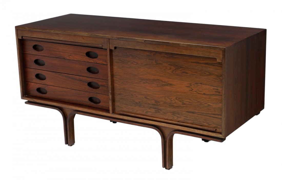 ITALIAN MID-CENTURY MODERN SERVER, FRATTINI DESIGN: Italian mid-century rosewood sideboard server, c. 1960, design by Gianfranco Frattini (Italian, 1926-2004) for Bernini Furniture, rectangular, the front with one half in four drawers, the other half w