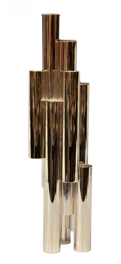 GIO PONTI SILVERED METAL TUBULAR CANDELABRA: Italian silvered metal tubular candelabra, designed by Gio Ponti (Italian, 1891-1979) for Lino Sabattini (Italian, b. 1925), 1956, stamped along side, 13"h, 2lbs Start Price: $600.00