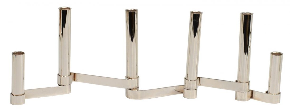 GIO PONTI FOR SABATTINI SILVER PLATE CANDELABRA: Italian silvered candelabra, Gio Ponti (Italian, 1891-1979) for Lino Sabattini (Italian, b. 1925), 1956, stamped along bottom band, approx 7.25"h, 2.5lbs Start Price: $600.00