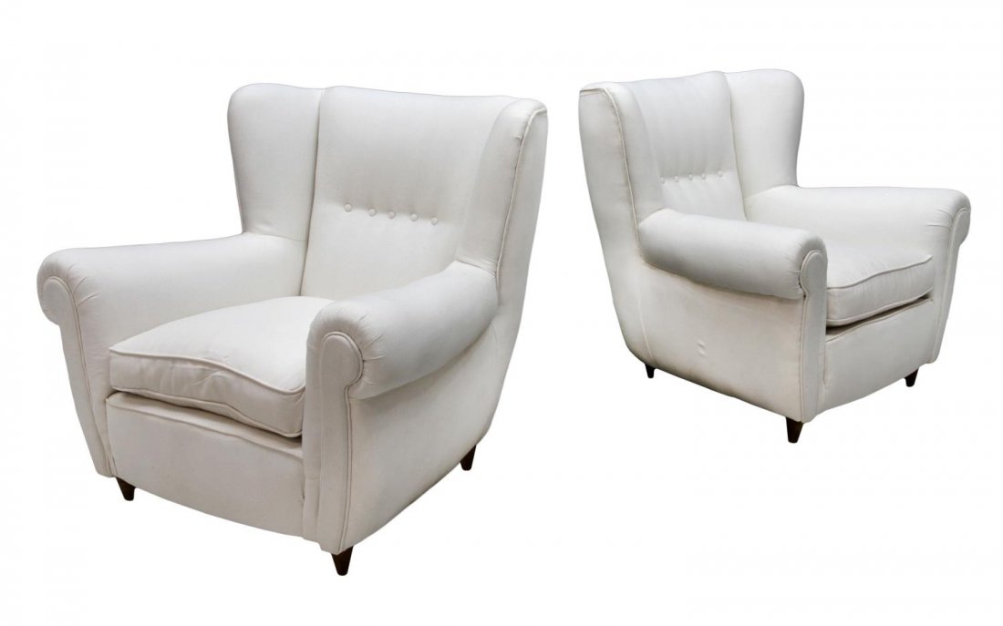 (2) ITALIAN MID-CENTURY MODERN CHAIRS, PAOLO BUFFA: (lot of 2) Italian mid-century modern chairs, c. 1950, design attributed to Paolo Buffa (Italian, 1903-1970), wingback arm chairs in recent white upholstery, raised on short tapered turned legs, 34"h,