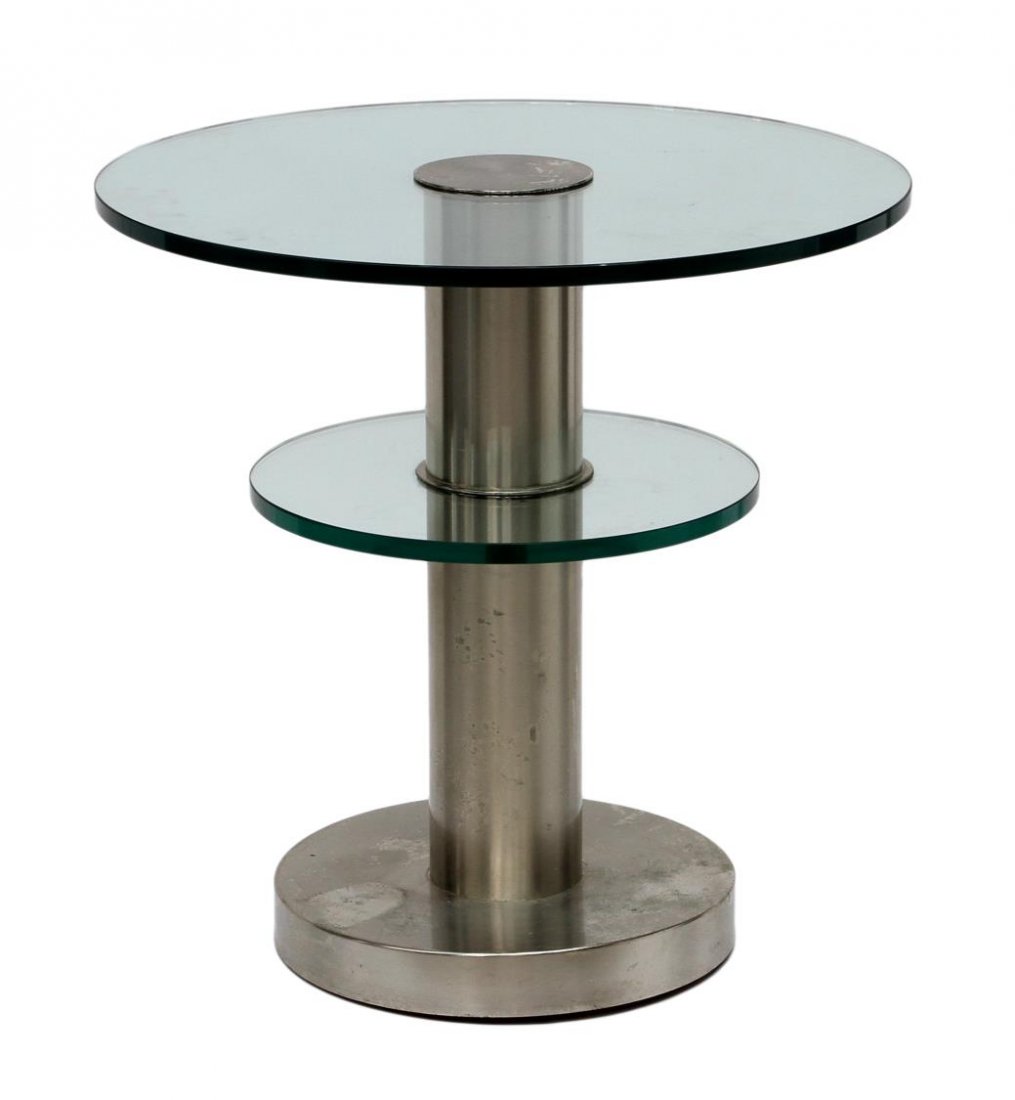 'TAVOLINO' TABLE, GIO PONTI FOR FONTANA ARTE: Italian 'Tavolino' table, design by Gio Ponti (Milan, 1891-1979), for Fontana Arte, c. 1980, two thick floating glass disks on a cylindrical polished nickel-plated brass standard, some surface wear, 2