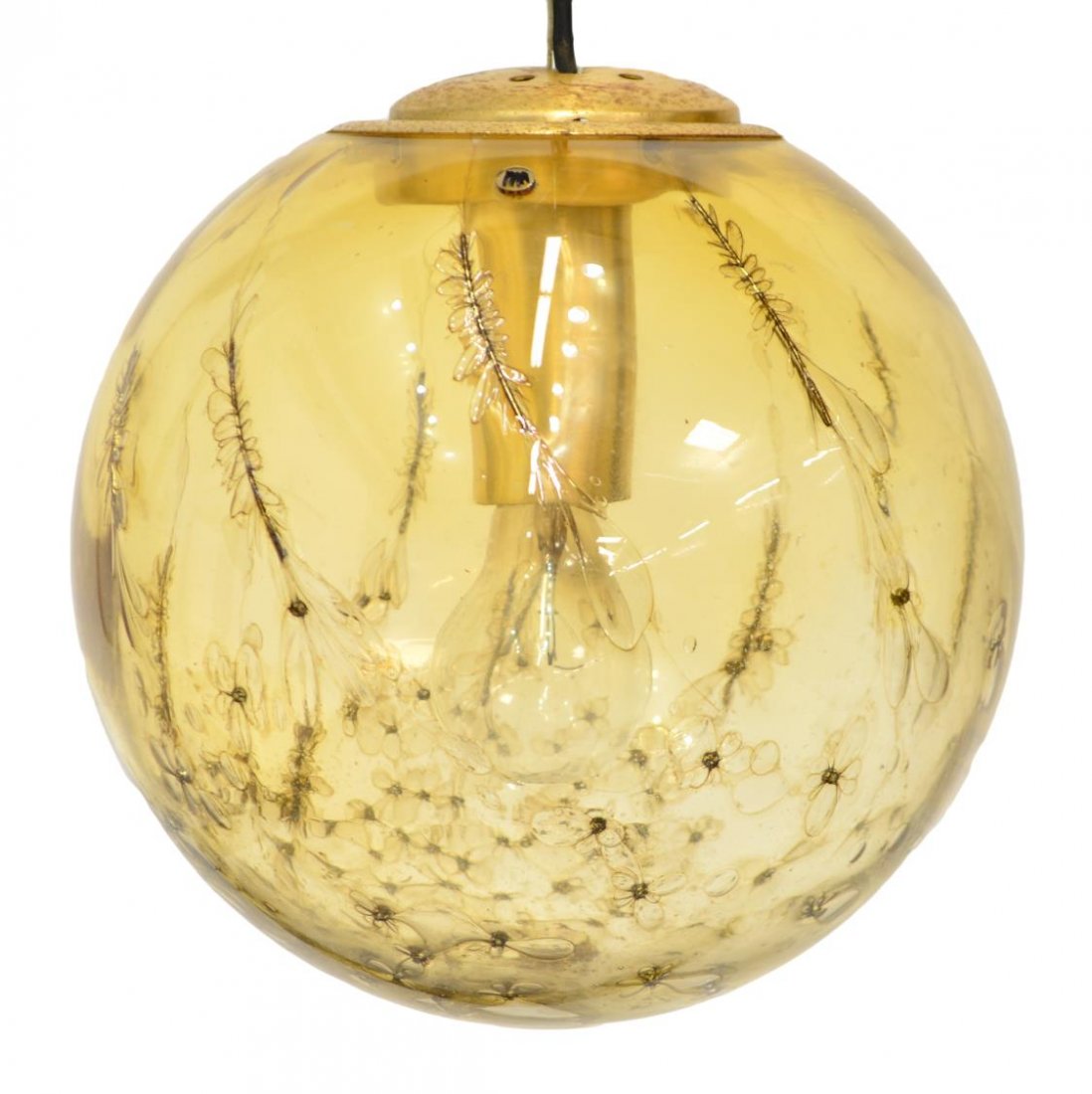 ITALIAN LA MURRINA MURANO ART GLASS CEILING LAMP: Italian Murano art glass one light ceiling lamp, signed La Murrina, 1970's, amber globular glass housing one light, suspended air bubble design, in need of wiring, approx 36.5"h Start Price: $200.00